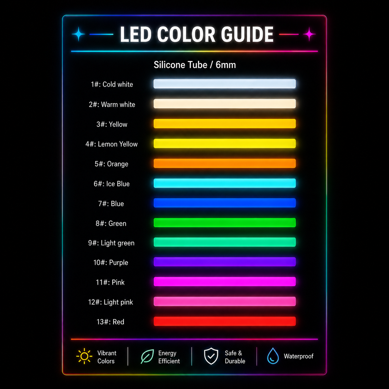 LED color guide with various color swatches on a black background