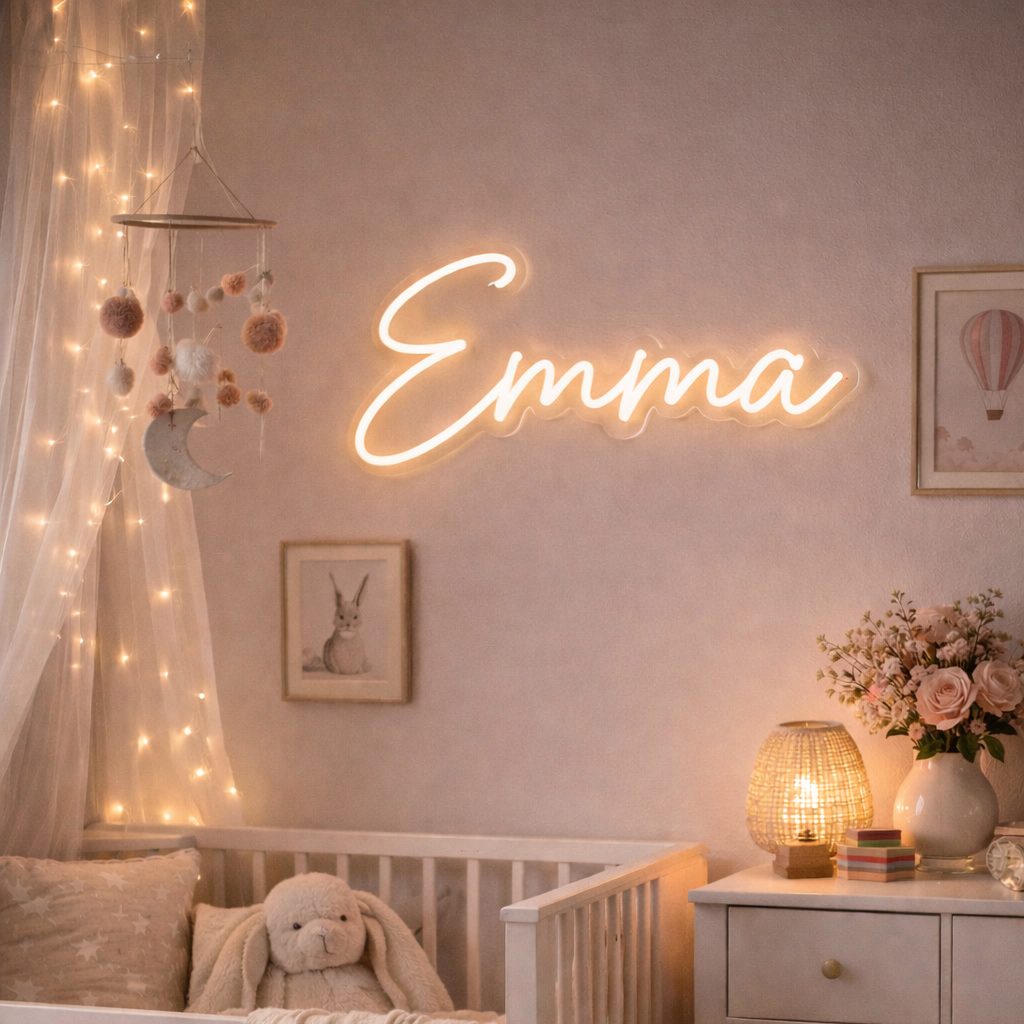 Nursery room with a crib, teddy bear, and neon sign on the wall.
