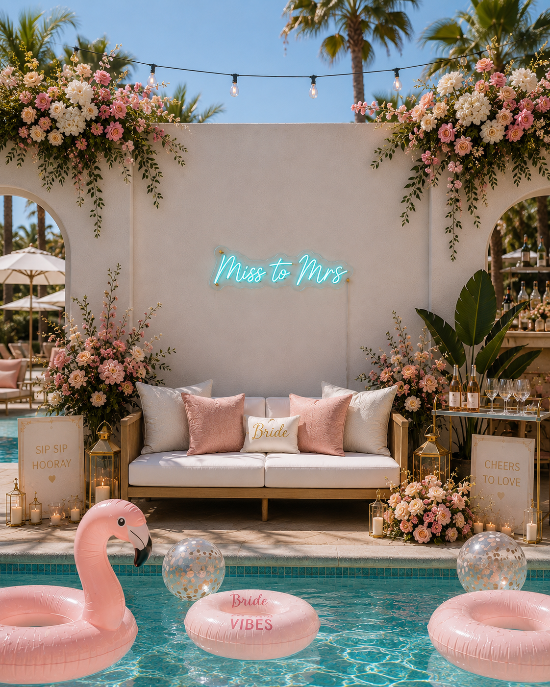 'Miss to Mrs' ice blue neon sign hanging on a wall at a pool party bachelorette with lots of flower arrangements.