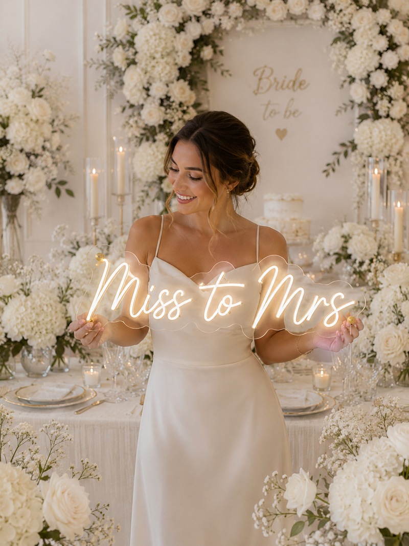 Bride wearing white holding a warm white neon sign that says 'Miss to Mrs' at a wedding shower with lots of white florals