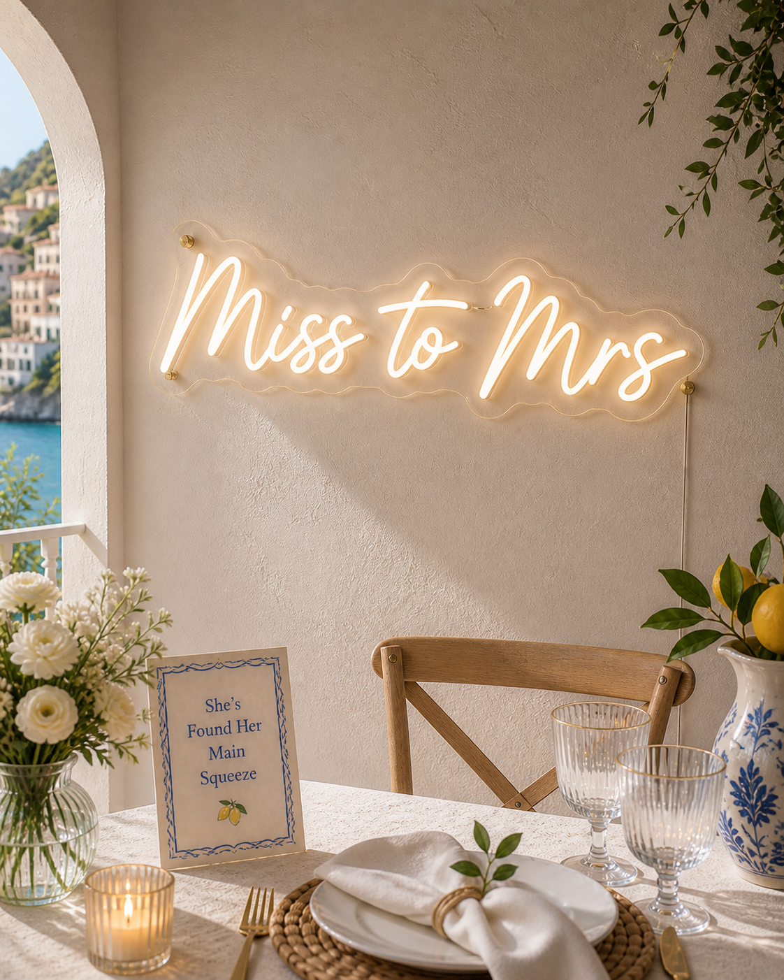 Neon sign reading 'Miss to Mrs' above a table setting with flowers and glasses.