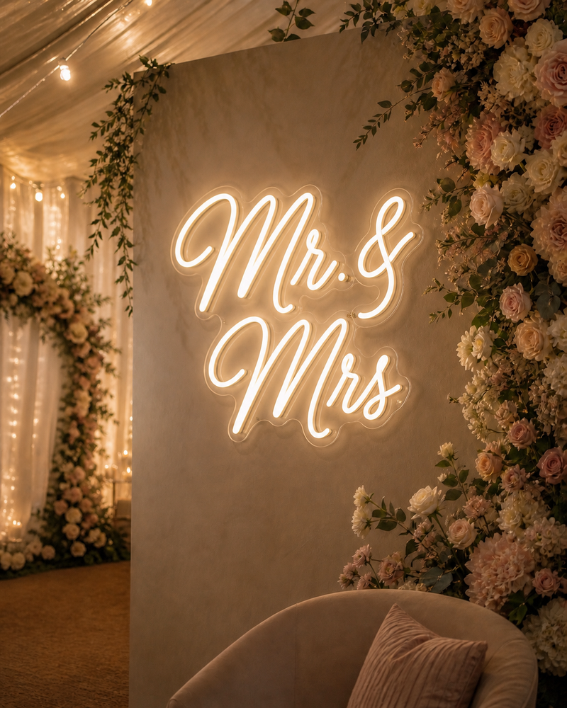 Neon sign reading 'Mr & Mrs' in a decorated wedding setting with flowers and lights.