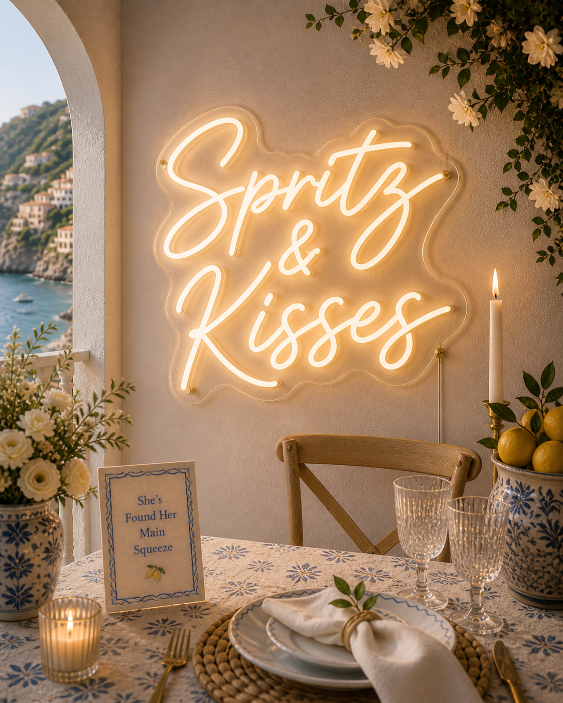 Neon sign reading 'Spritz & Kisses' above a table setting with flowers and candles.