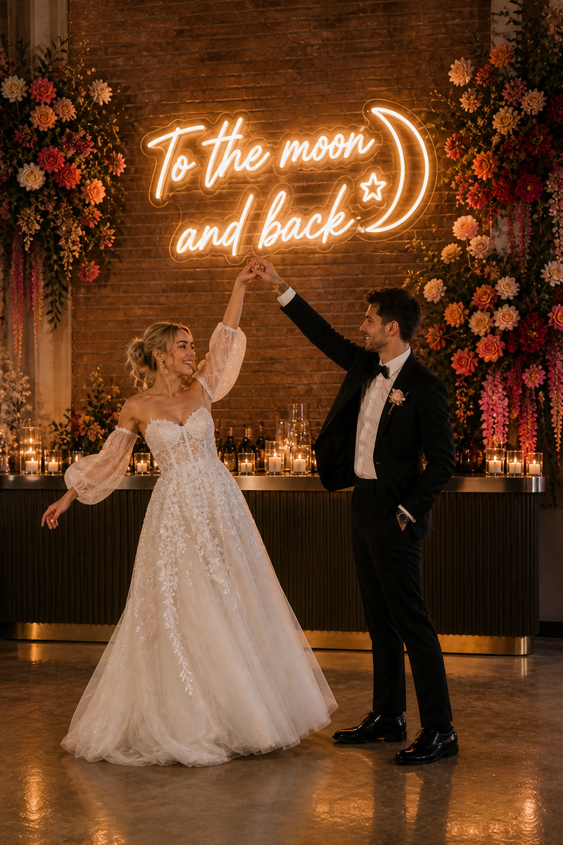 Couple dancing in front of a neon sign with floral decorations on a brick wall.