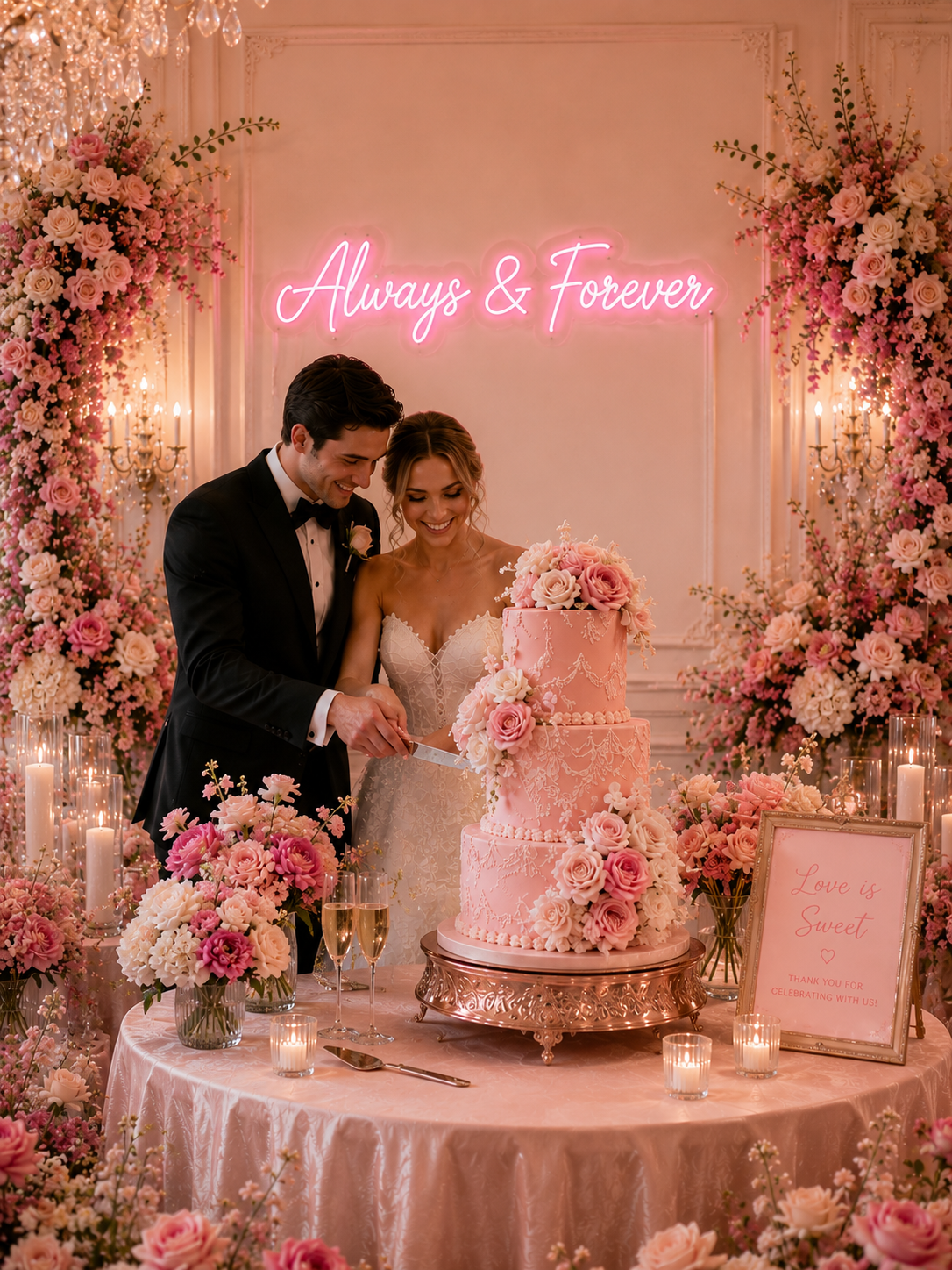 Bride and Groom cutting an elegant pink wedding cake in front of a neon sign that says always & forever