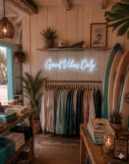 Neon sign 'Good Vibes Only' in a store with clothing racks and surfboards.