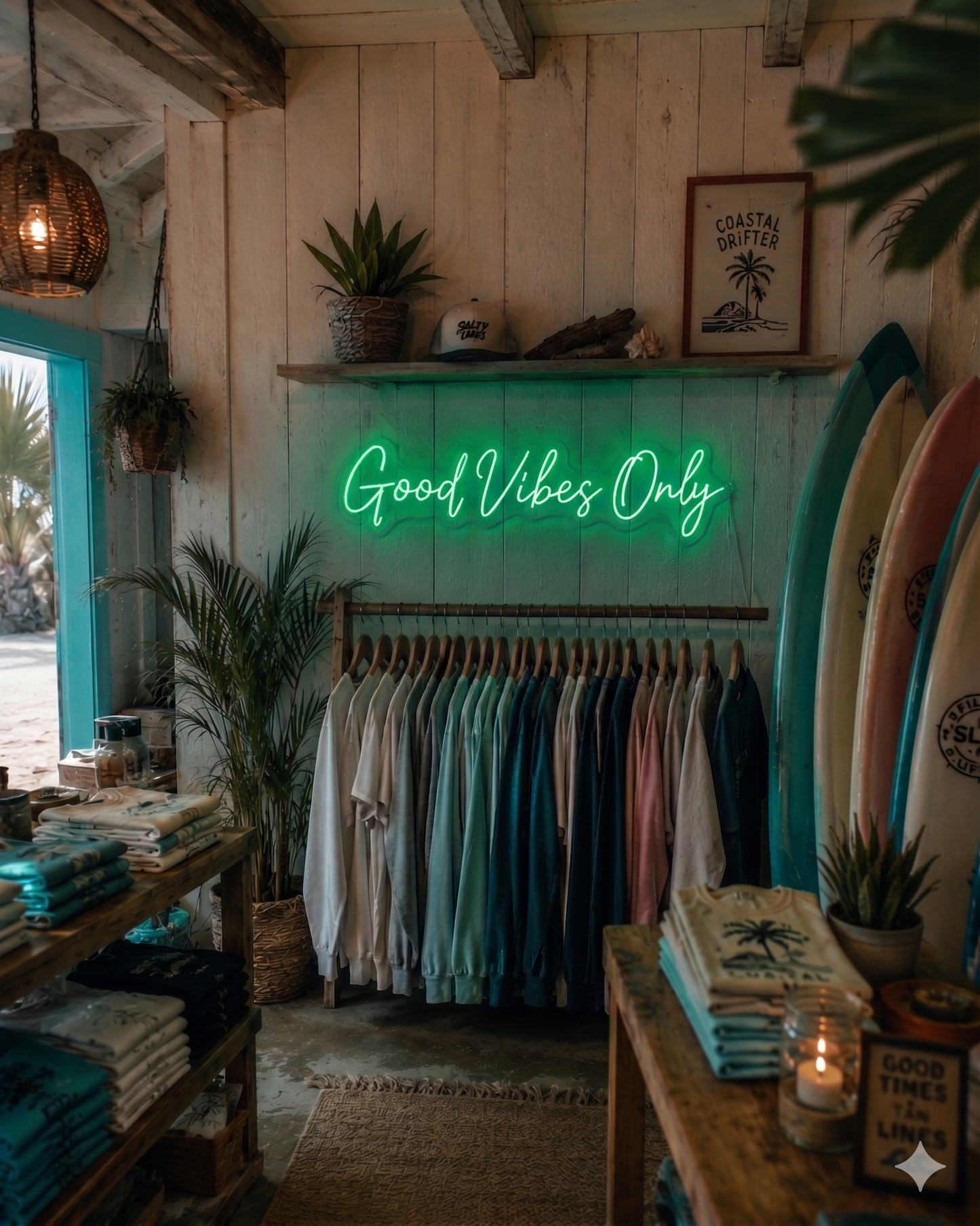 Neon sign 'Good Vibes Only' in a store with clothing racks and surfboards.