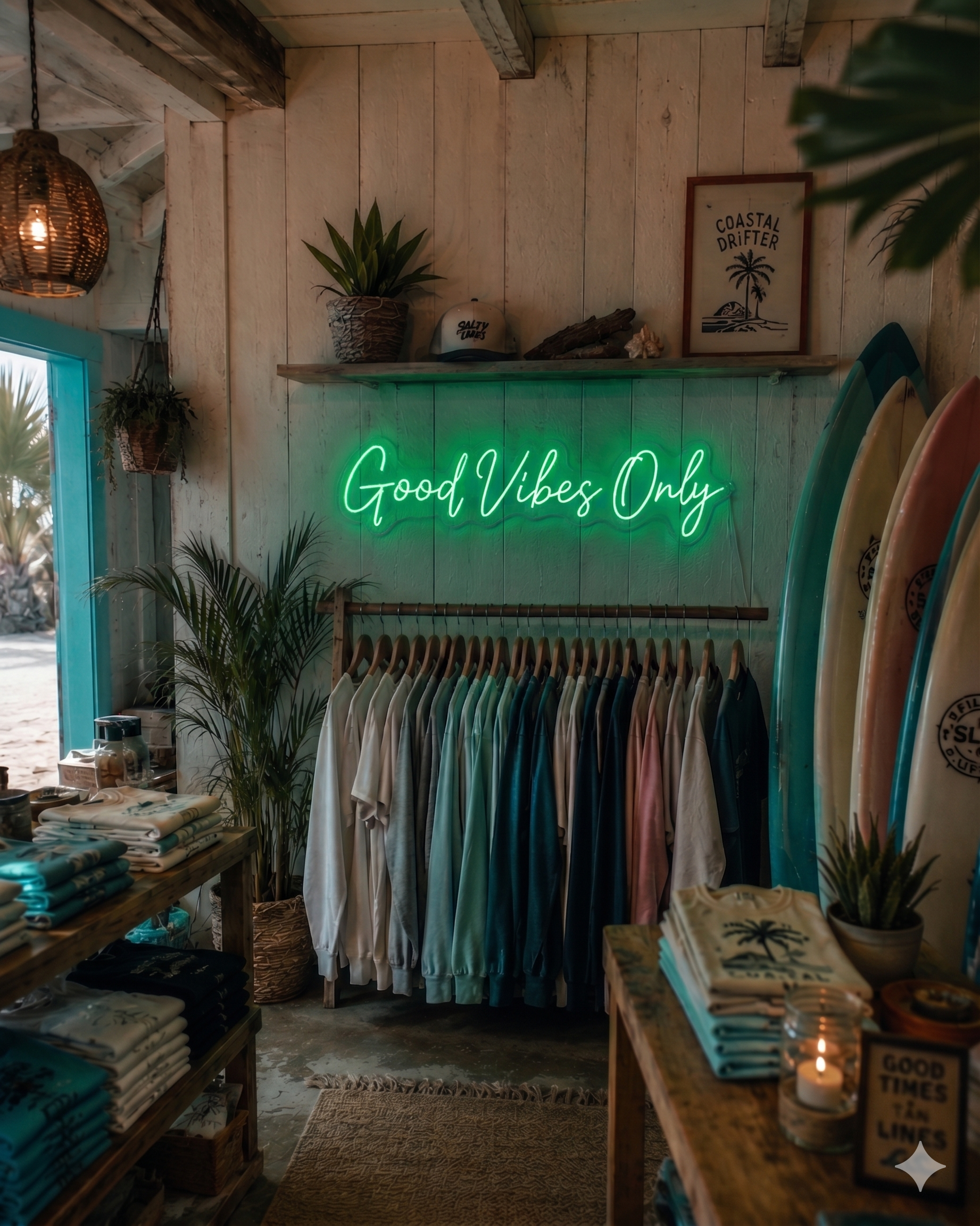 Neon sign 'Good Vibes Only' in a store with clothing racks and surfboards.