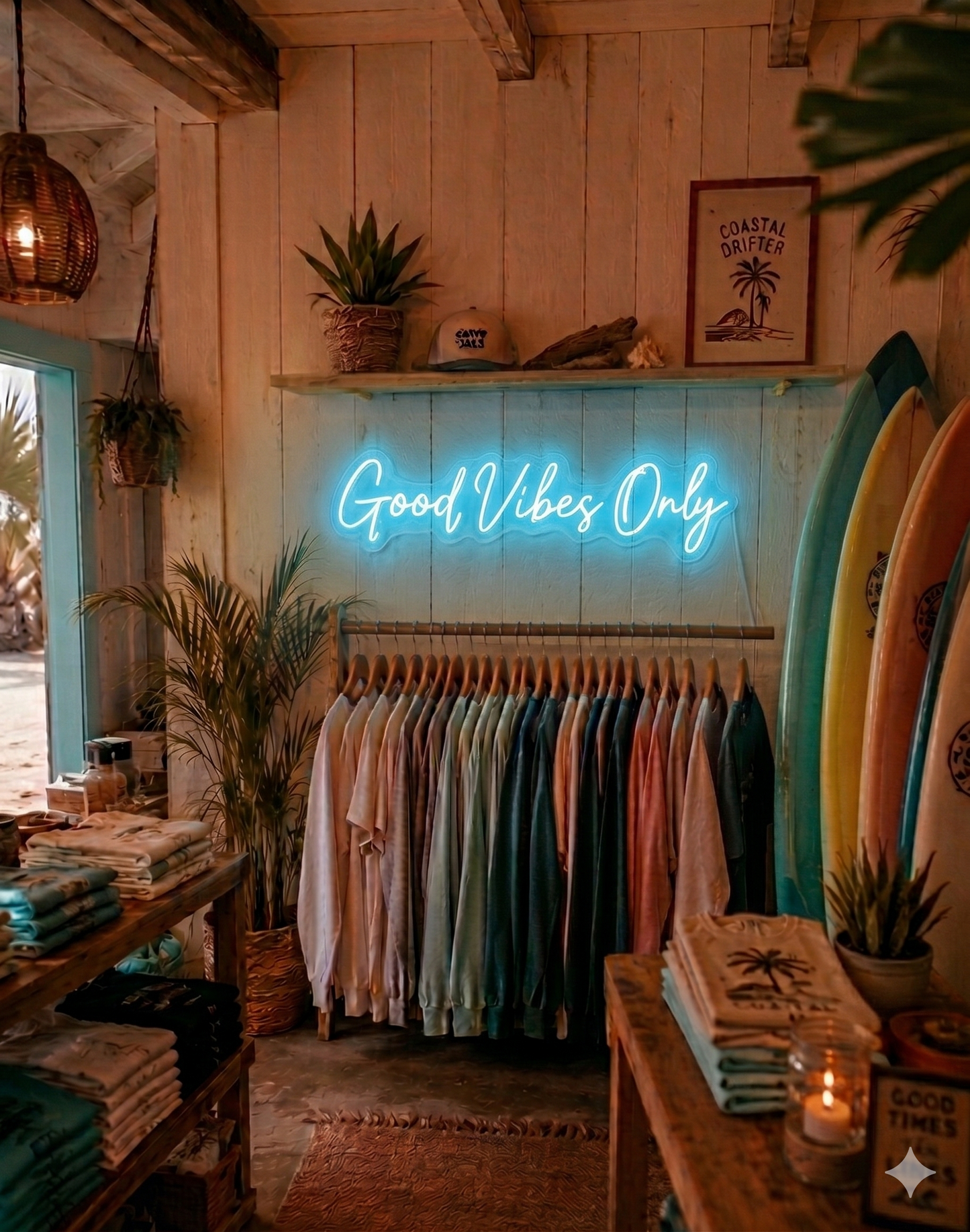 Neon sign reading 'Good Vibes Only' in a clothing store with surfboards and plants.