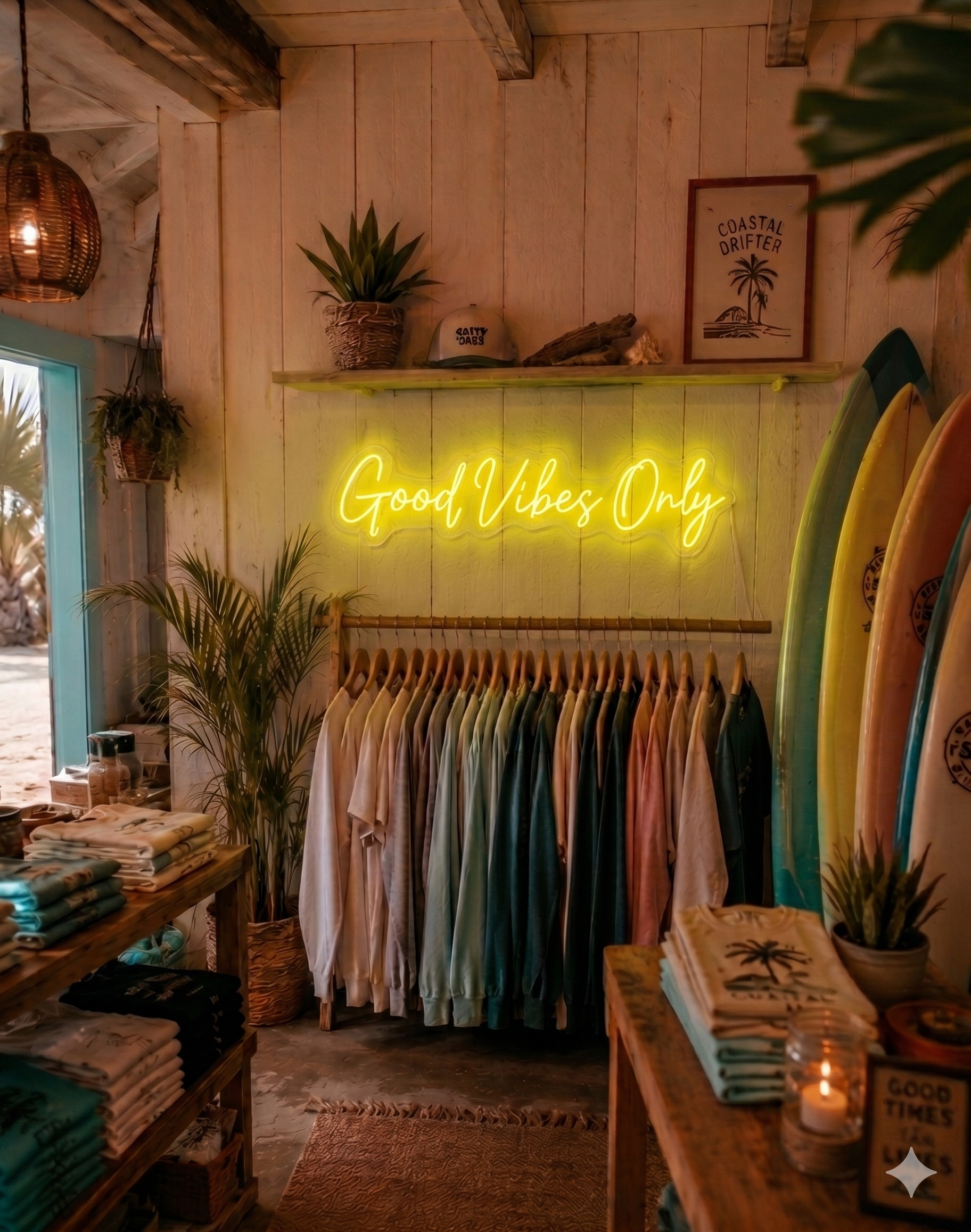 Neon sign 'Good Vibes Only' in a store with clothing racks and surfboards.