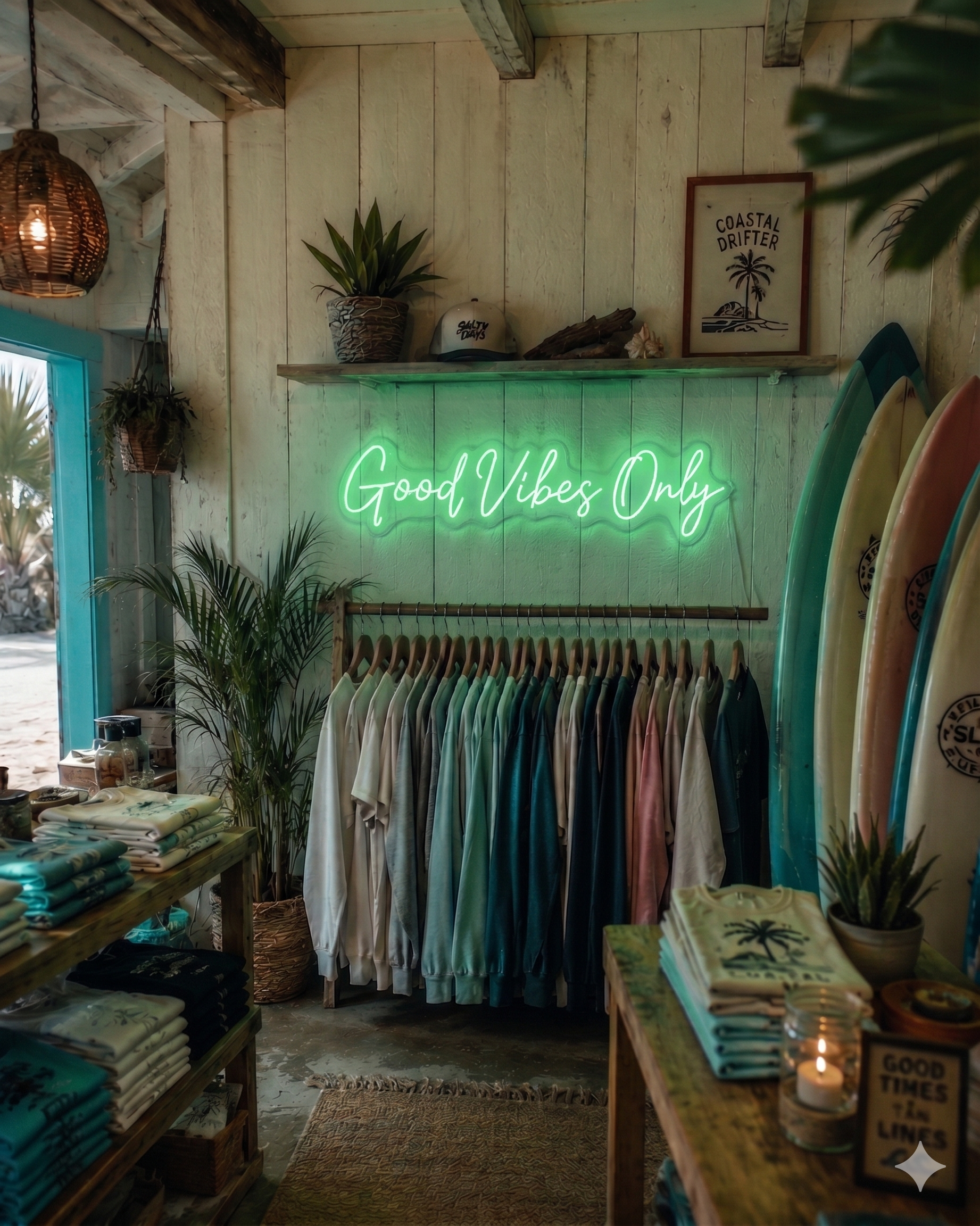 Neon sign 'Good Vibes Only' in a store with clothing racks and surfboards.