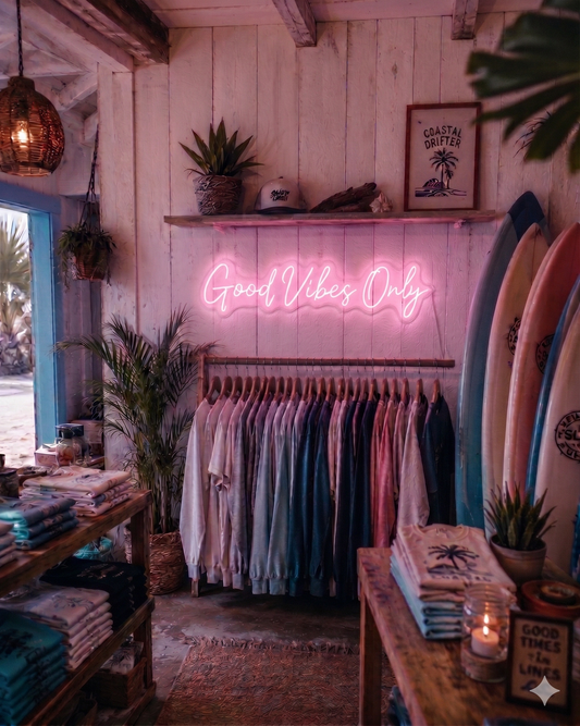 Neon sign reading 'Good Vibes Only' in a clothing store with surfboards and plants.
