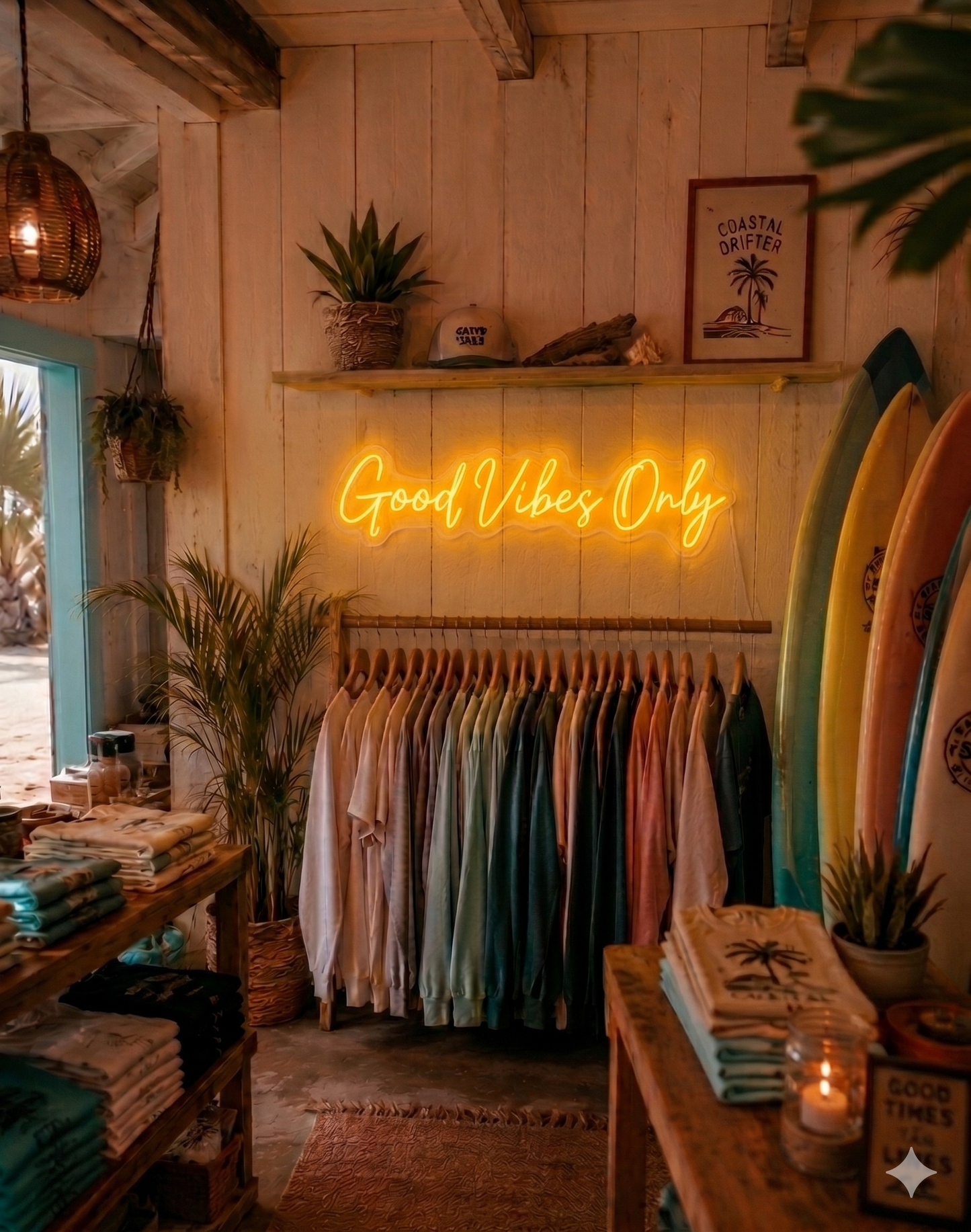 Neon sign reading 'Good Vibes Only' in a clothing store with surfboards and plants.