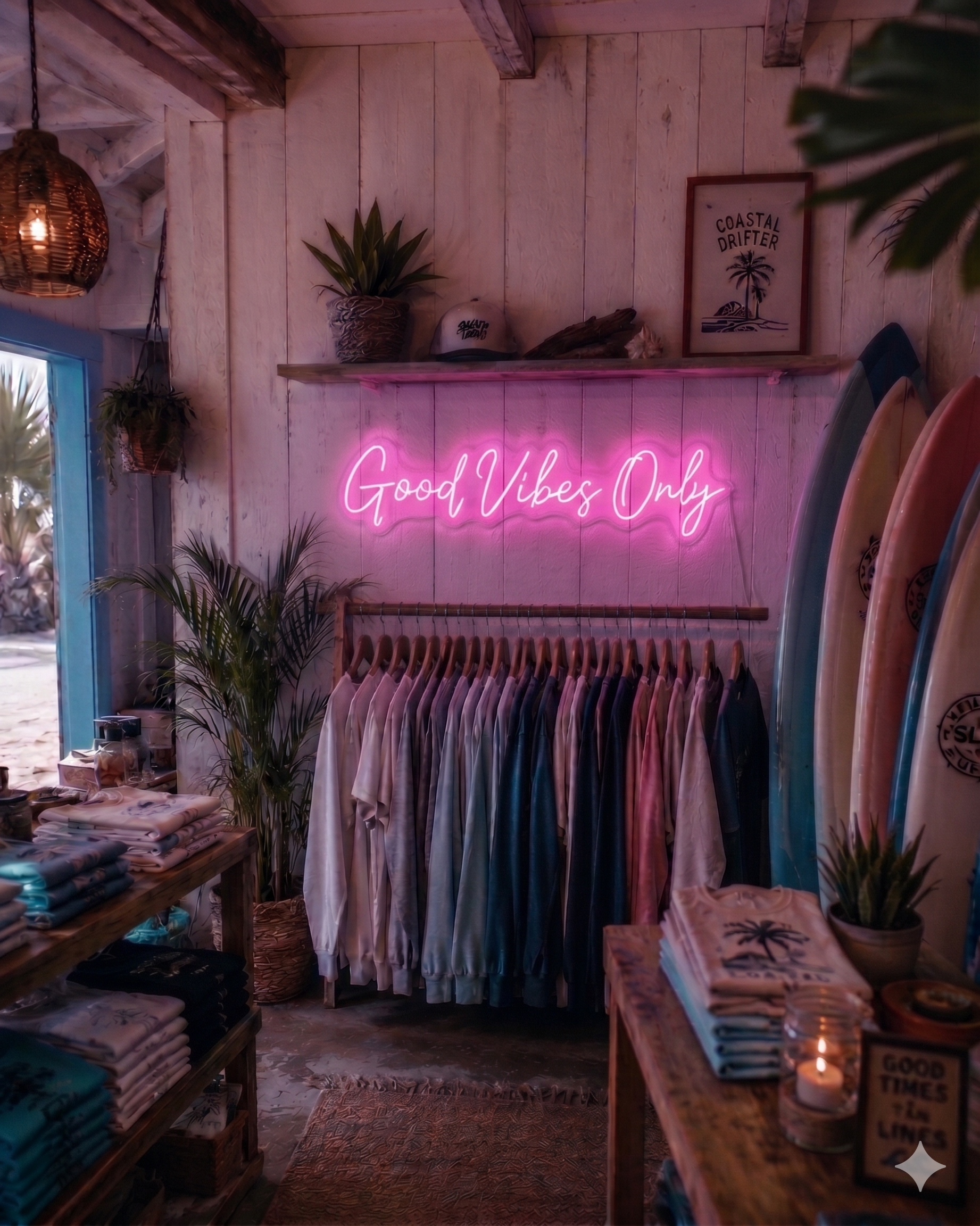 Neon sign reading 'Good Vibes Only' in a store with clothing racks and surfboards.