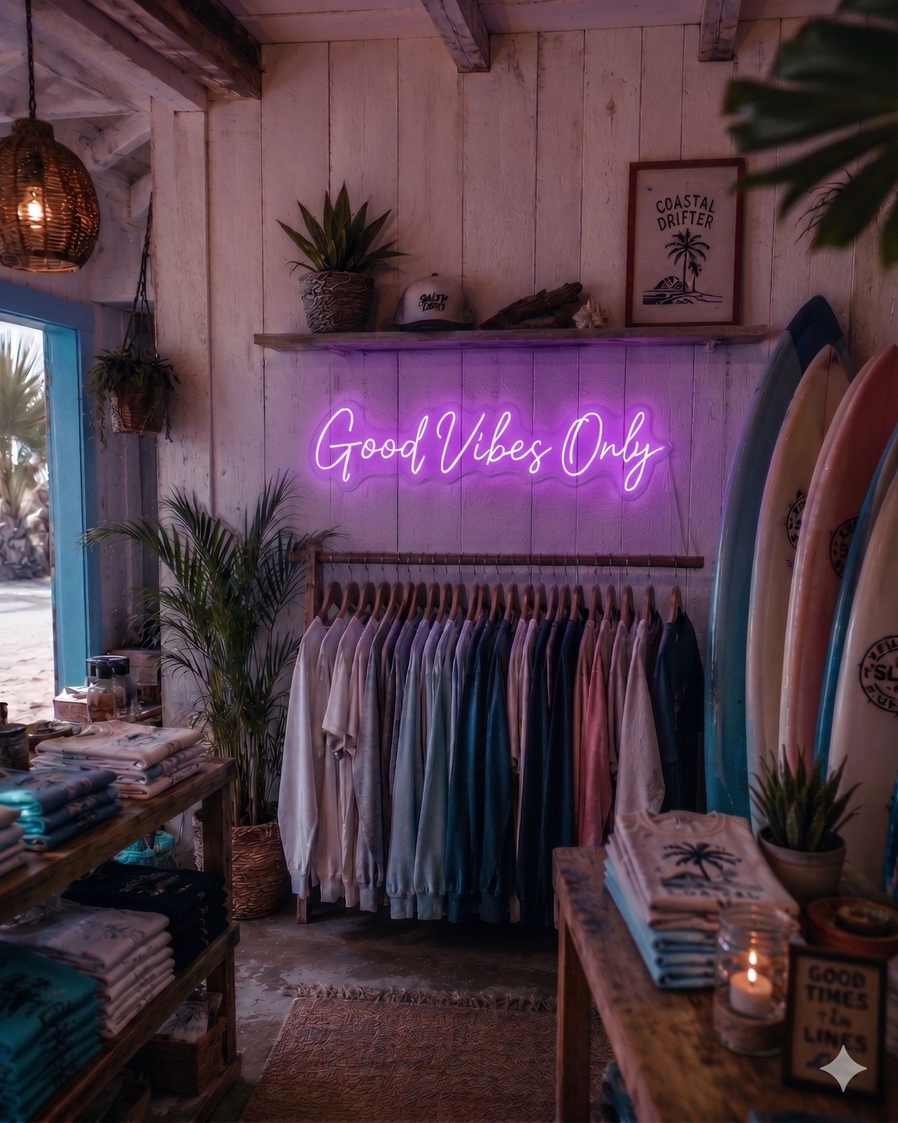 Neon sign reading 'Good Vibes Only' in a store with clothing racks and surfboards.