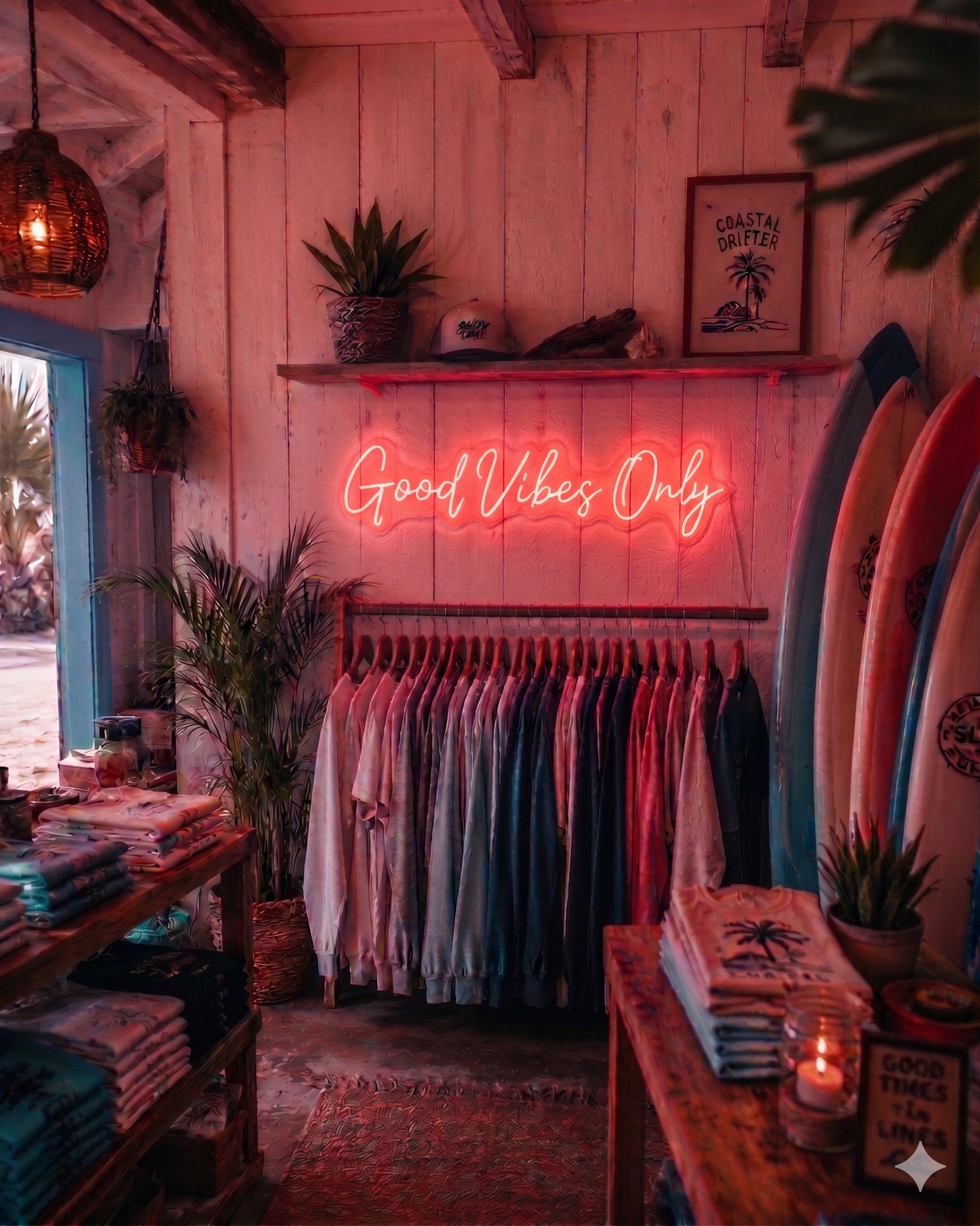 Neon sign 'Good Vibes Only' in a store with clothing racks and surfboards.