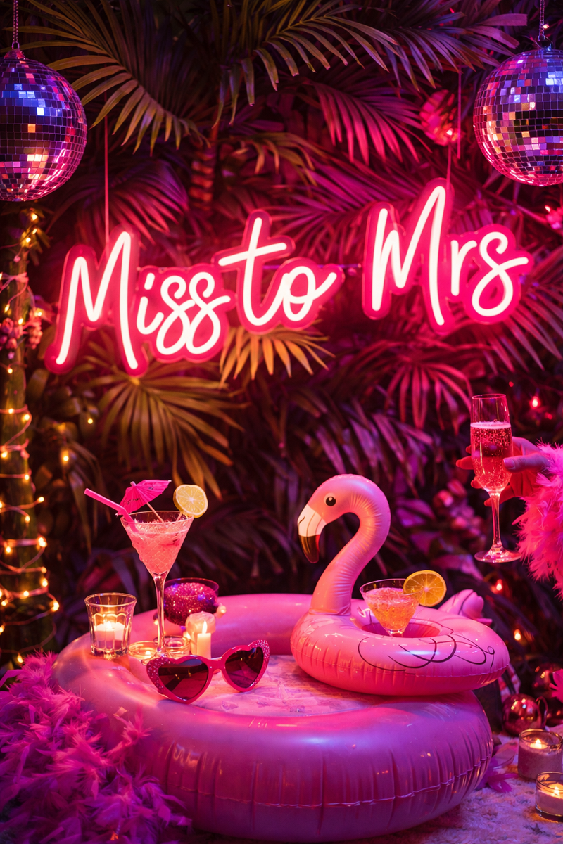Miss to Mrs Hot pink neon sign hanging at a pink themed bachelorette party with cocktails and pool floaties.