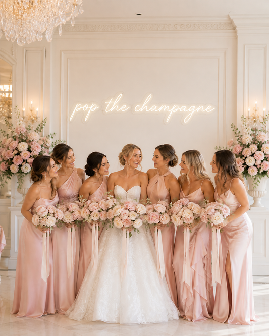 Bride and bridesmaids in pink dresses holding floral bouquets in a elegant room with 'pop the champagne' text.