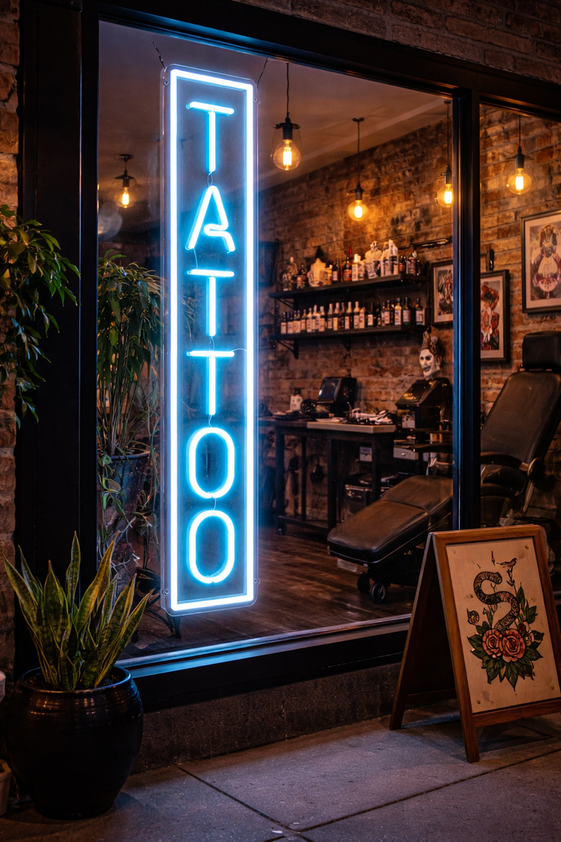 Neon tattoo sign in a tattoo parlor with interior visible through glass door.