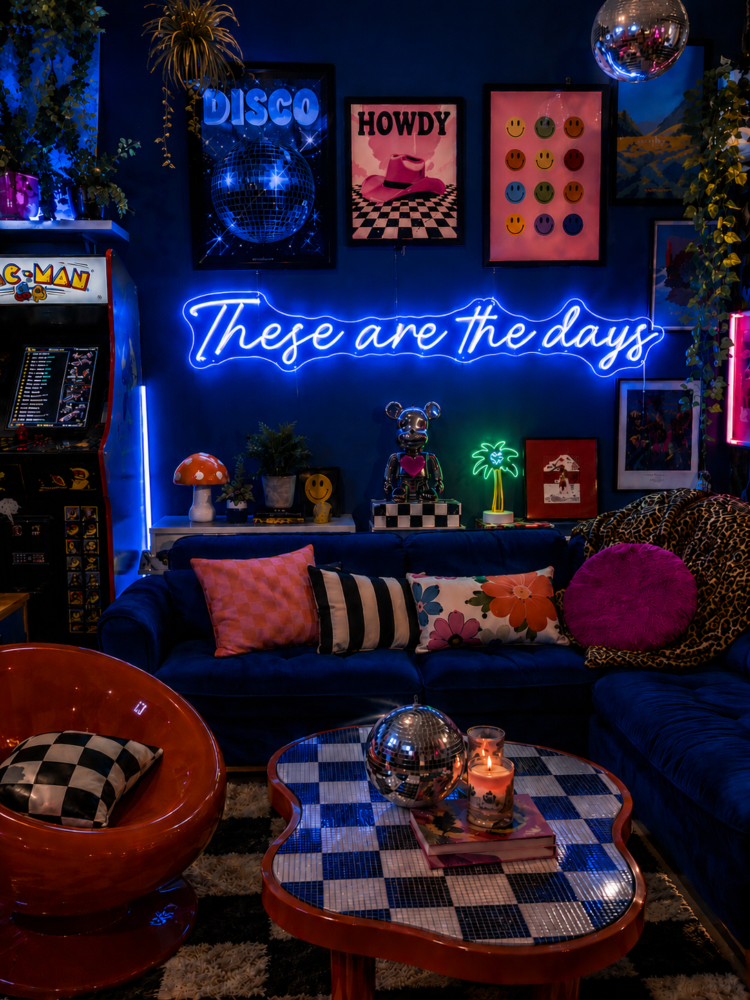 Neon sign that says 'these are the days'  in a retro-themed, maximalist living room with decor elements.