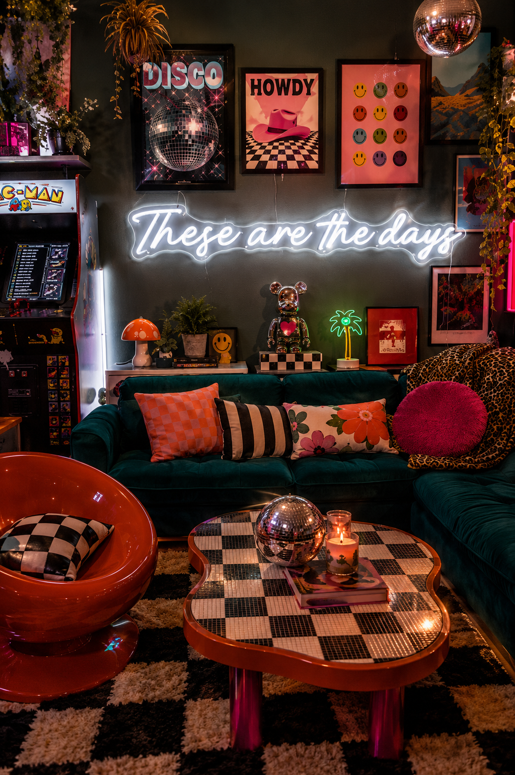 Neon sign that says 'these are the days'  in a retro-themed, maximalist living room with decor elements.