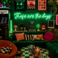 Neon-lit living room with retro decor, including a green couch, checkered table, and disco ball.