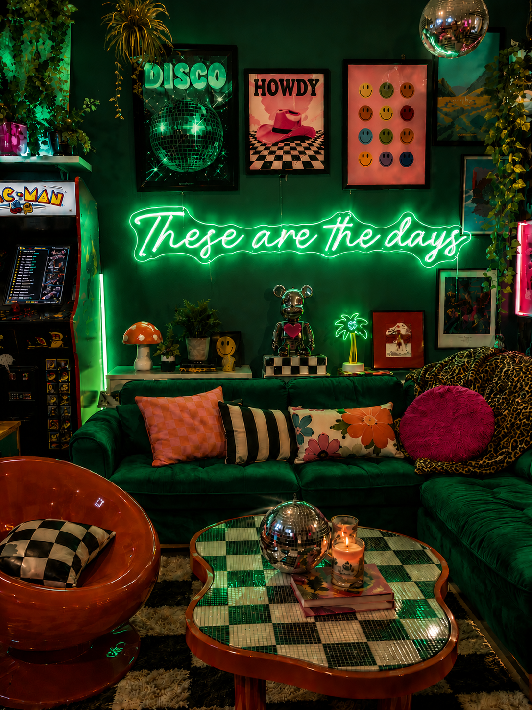 Neon-lit living room with retro decor, including a green couch, checkered table, and disco ball.