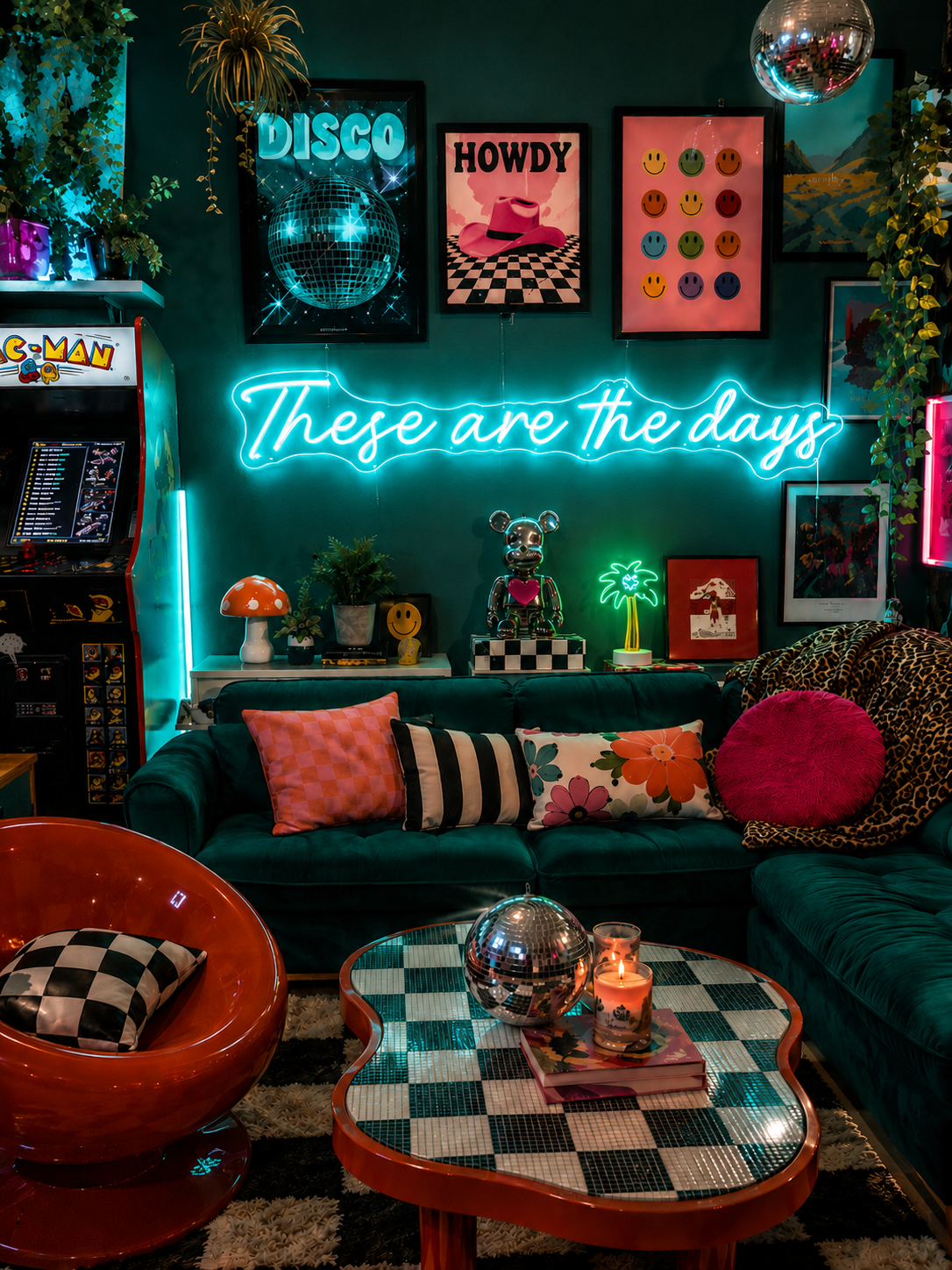 Neon sign that says 'these are the days'  in a retro-themed, maximalist living room with decor elements.