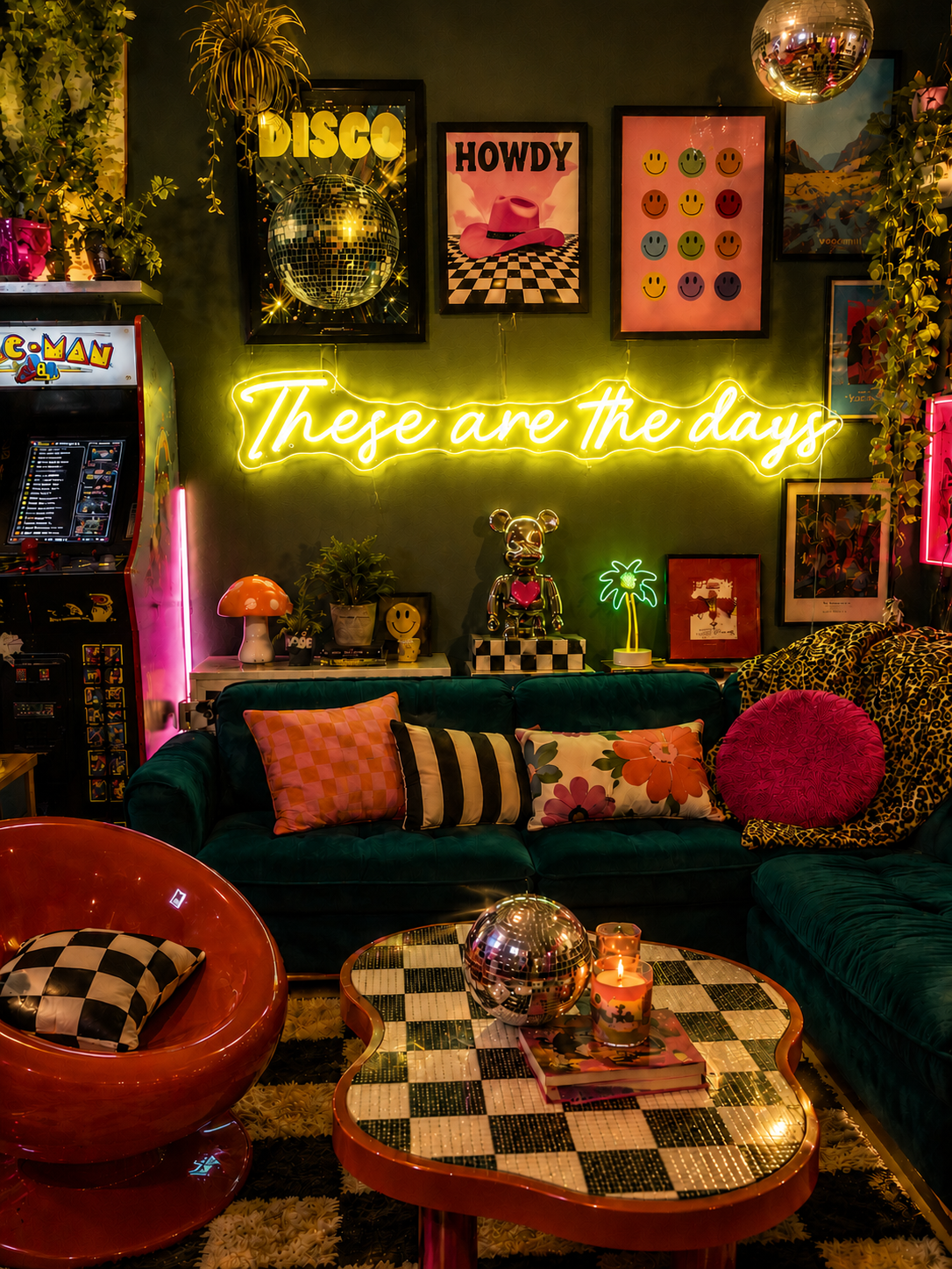 Neon sign that says 'these are the days'  in a retro-themed, maximalist living room with decor elements.