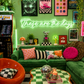 Colorful living room with neon sign, arcade machine, and retro decor.