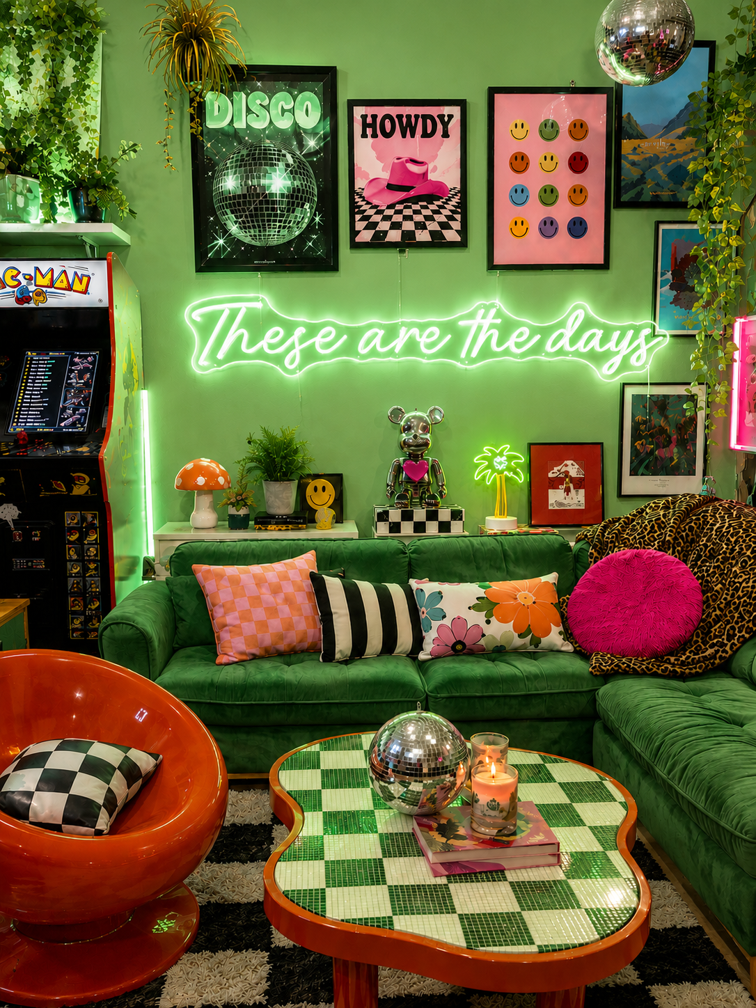 Colorful living room with neon sign, arcade machine, and retro decor.