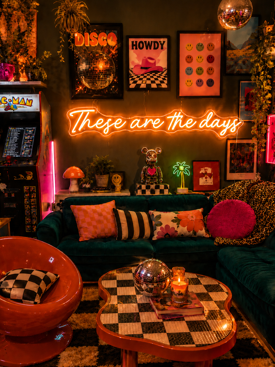Neon sign that says 'these are the days'  in a retro-themed, maximalist living room with decor elements.