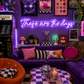 Neon sign that says 'these are the days'  in a retro-themed, maximalist living room with decor elements.