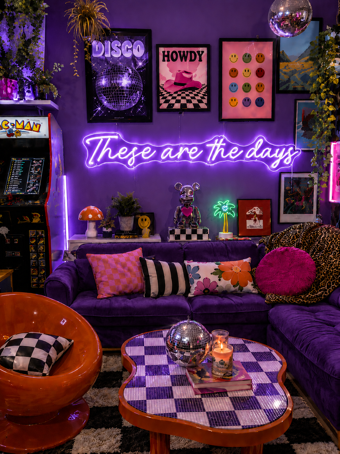 Neon sign that says 'these are the days'  in a retro-themed, maximalist living room with decor elements.