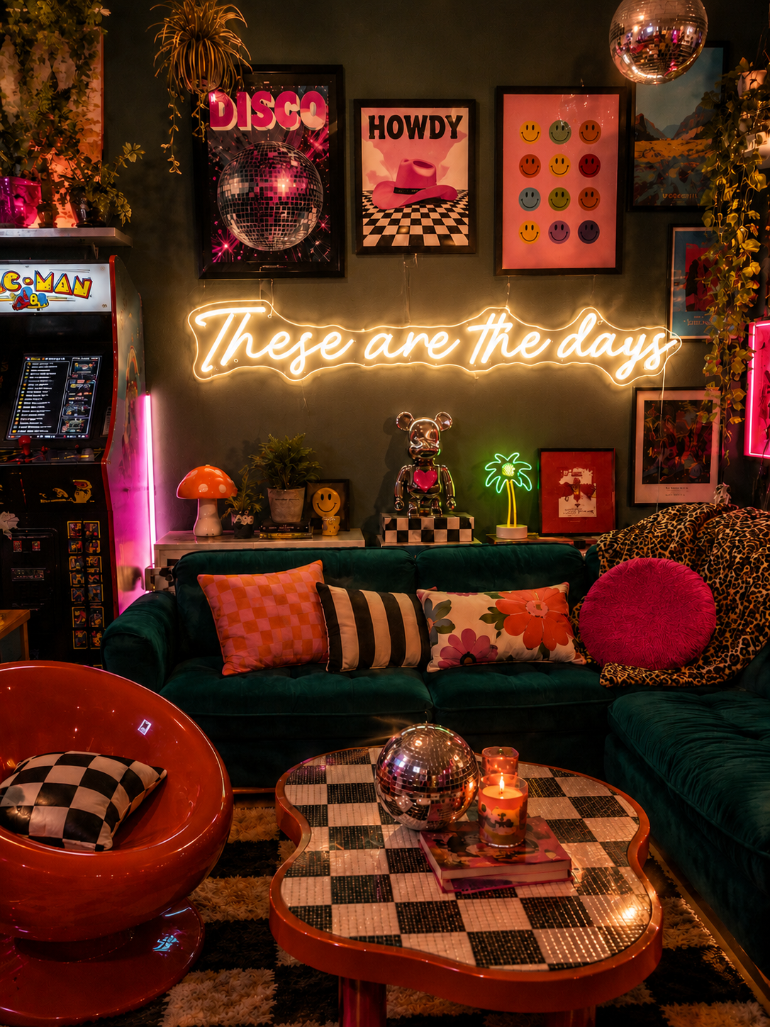 Neon sign that says 'these are the days'  in a retro-themed, maximalist living room with decor elements.