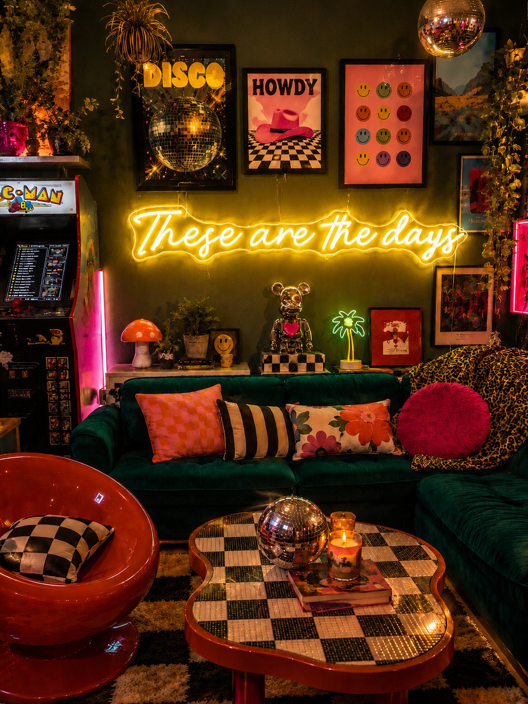 Neon sign that says 'these are the days'  in a retro-themed, maximalist living room with decor elements.
