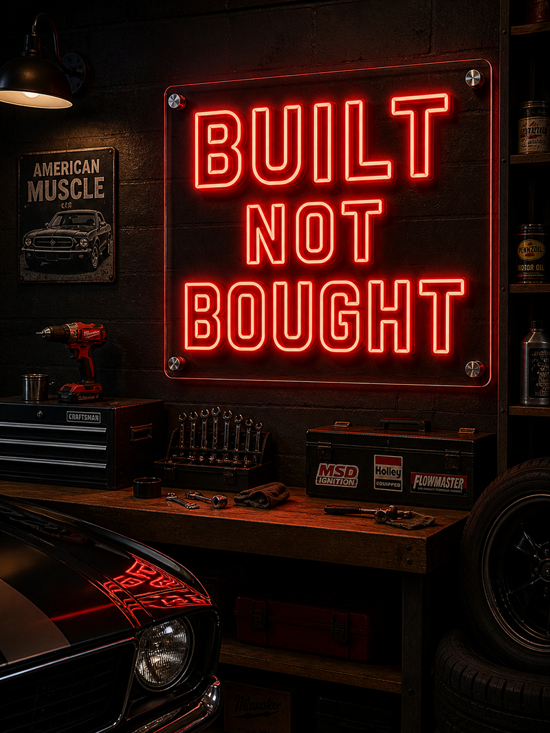 Neon sign reading 'Built Not Bought' in a garage setting with tools and car parts.