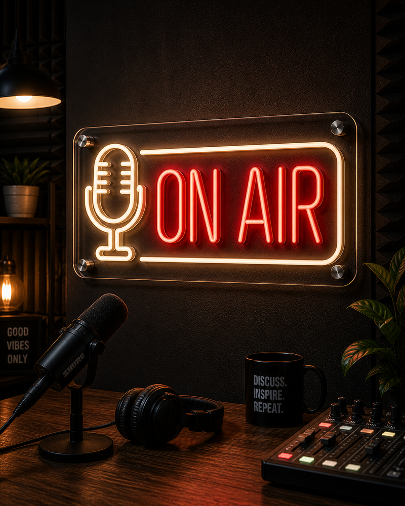 Neon 'ON AIR' sign with microphone icon on a dark background, surrounded by audio equipment.