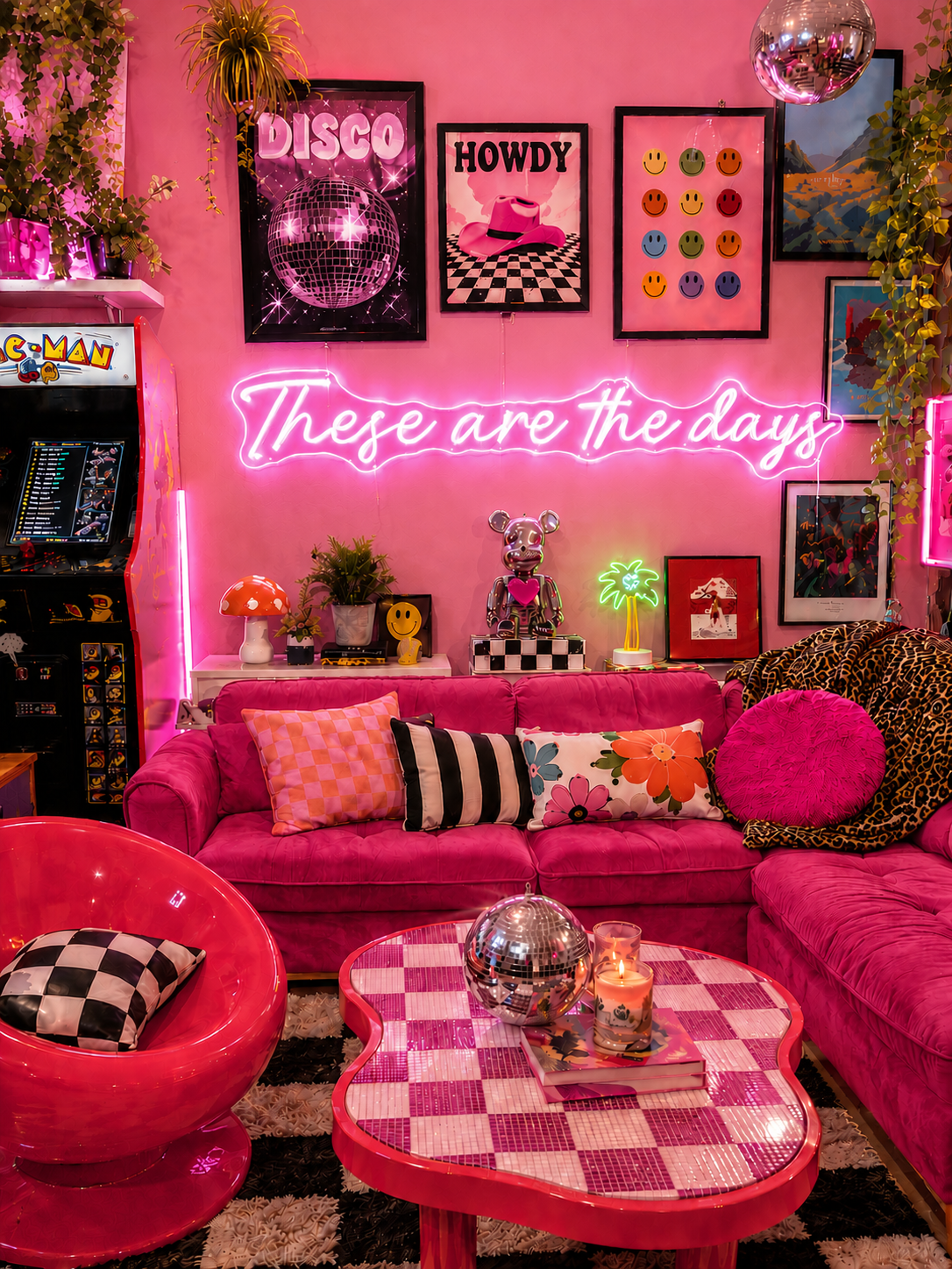 Neon sign that says 'these are the days'  in a retro-themed, maximalist living room with decor elements.