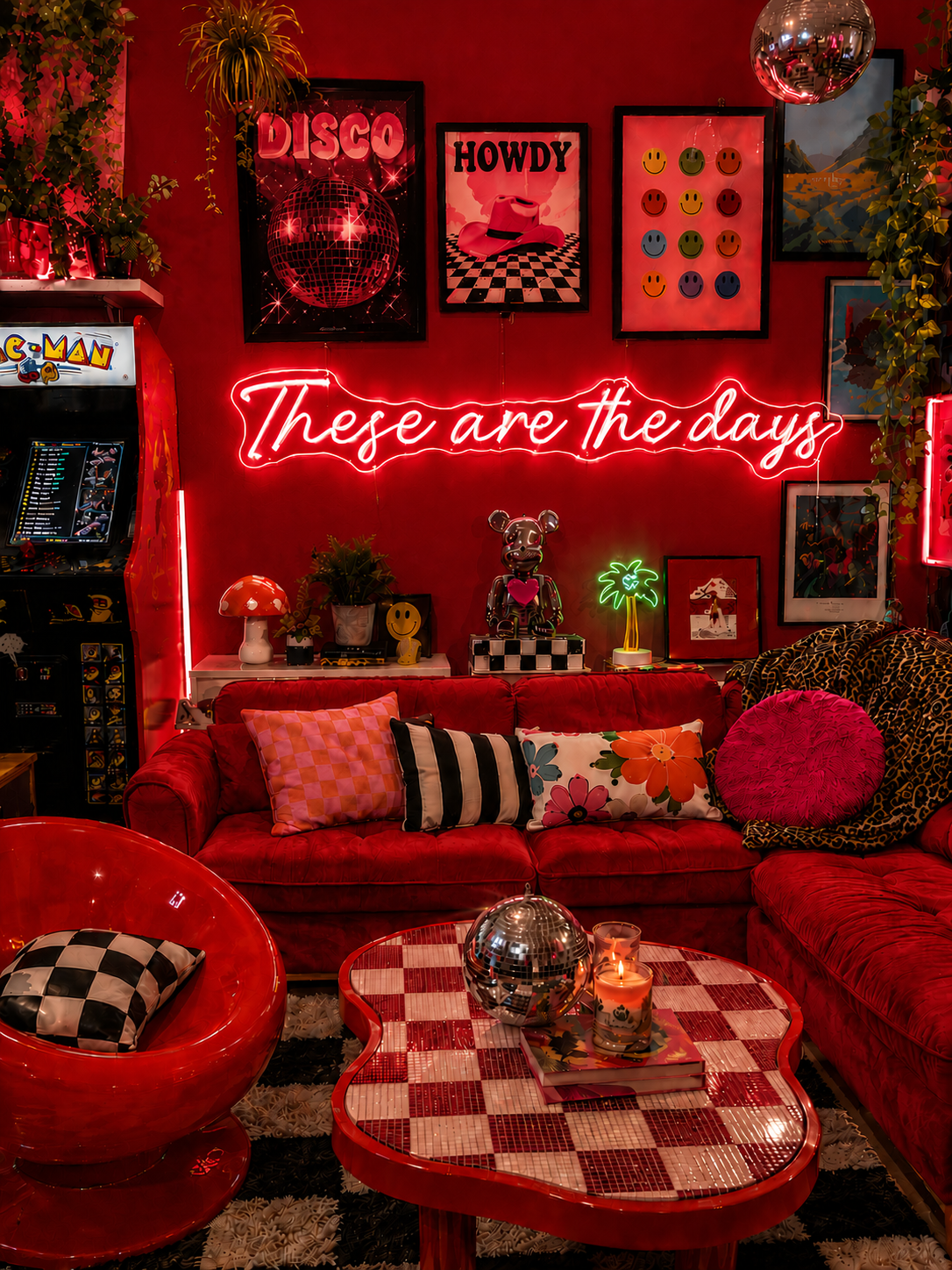 Neon sign that says 'these are the days'  in a retro-themed, maximalist living room with decor elements.