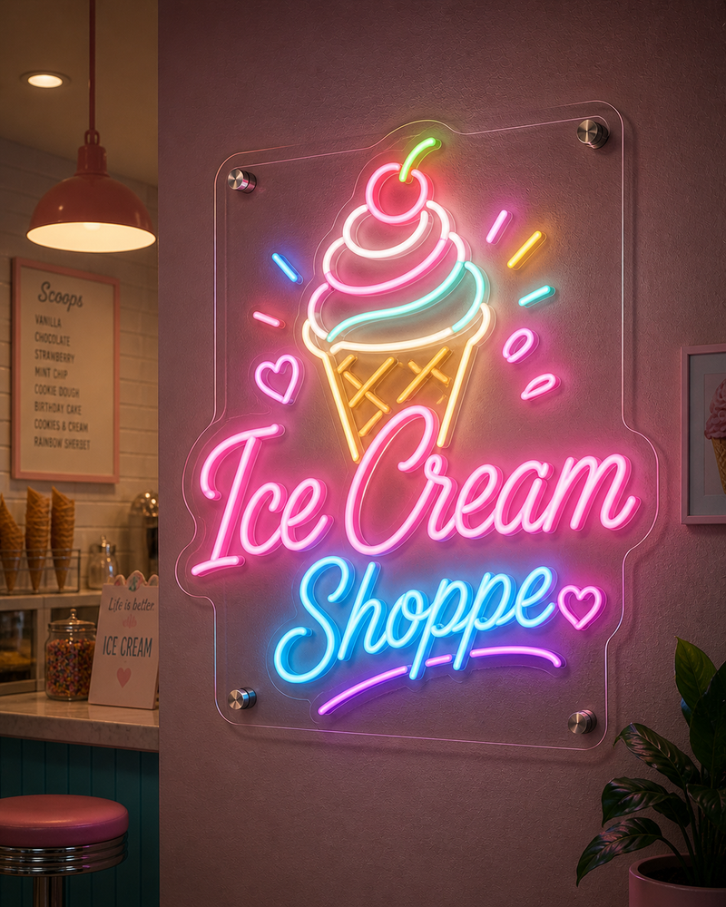 Neon sign of an ice cream cone with 'Ice Cream Shoppe' text in a retro setting.
