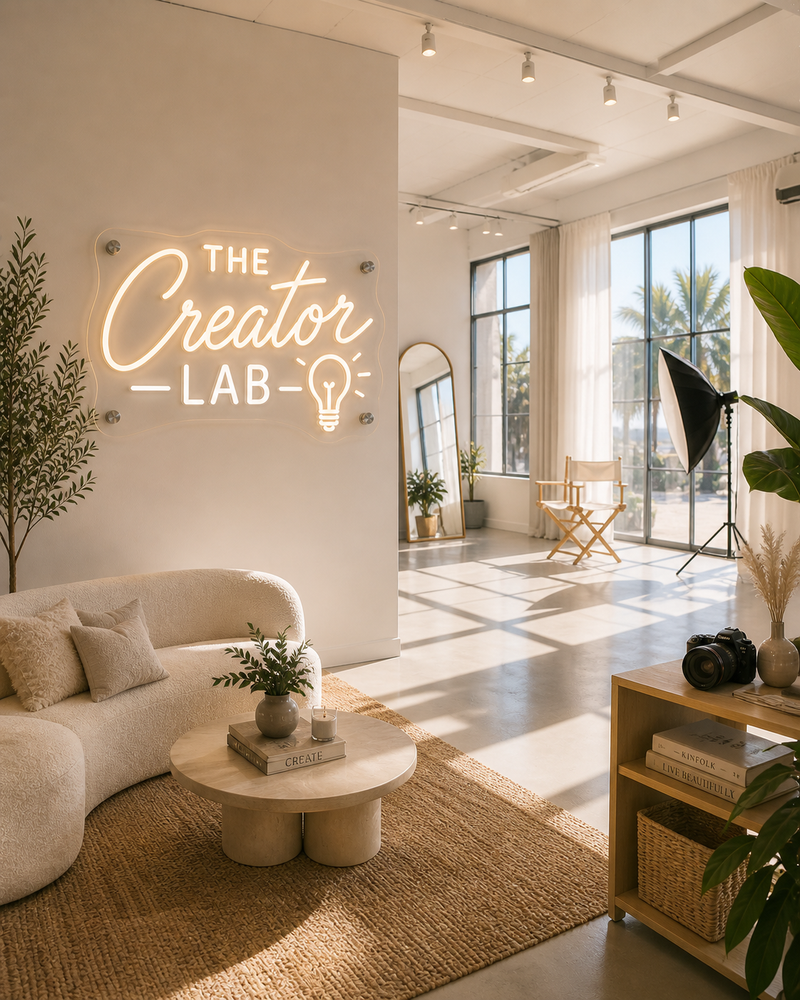 Modern living room with 'The Creator Lab' neon sign on a white wall.