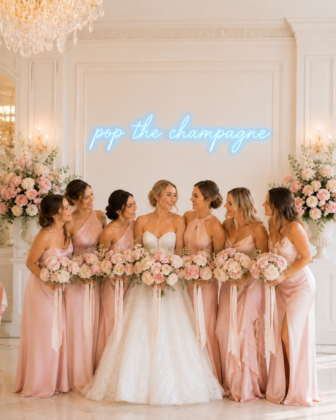 Bridesmaids in pink dresses with the bride holding flowers in a elegant room.