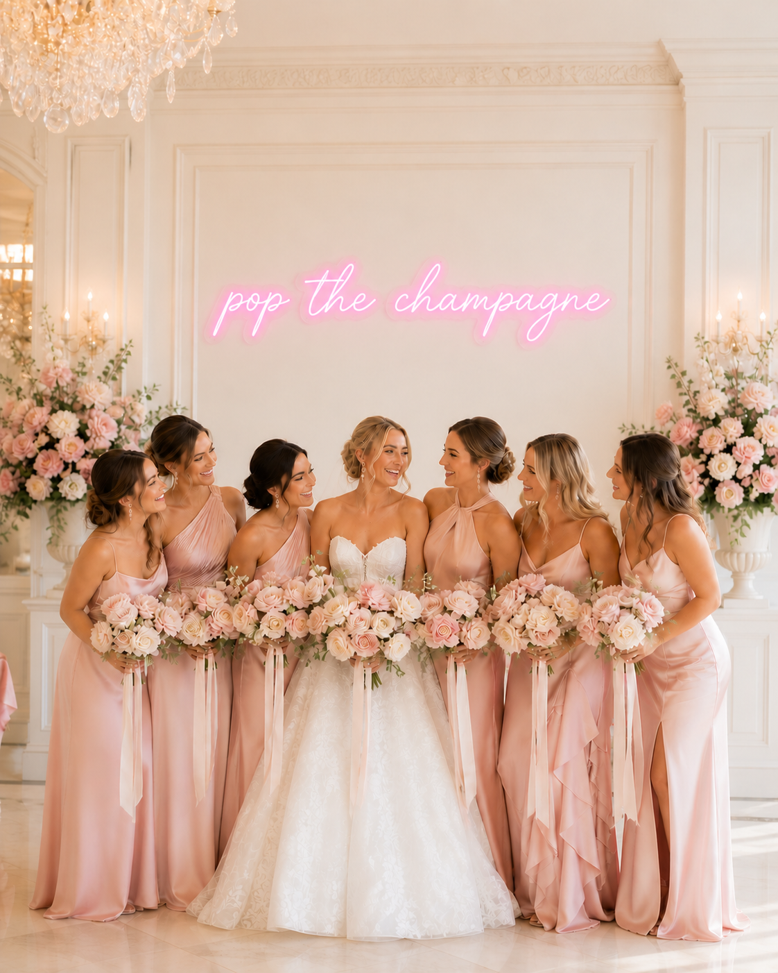 Bride and bridesmaids in pink dresses with floral bouquets in a elegant room.
