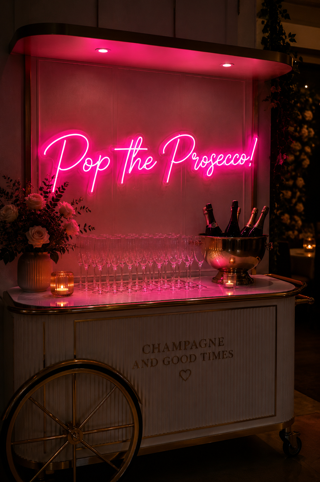 Decorative bar setup with 'Pop the Prosecco!' neon sign, champagne bottles, and glasses.