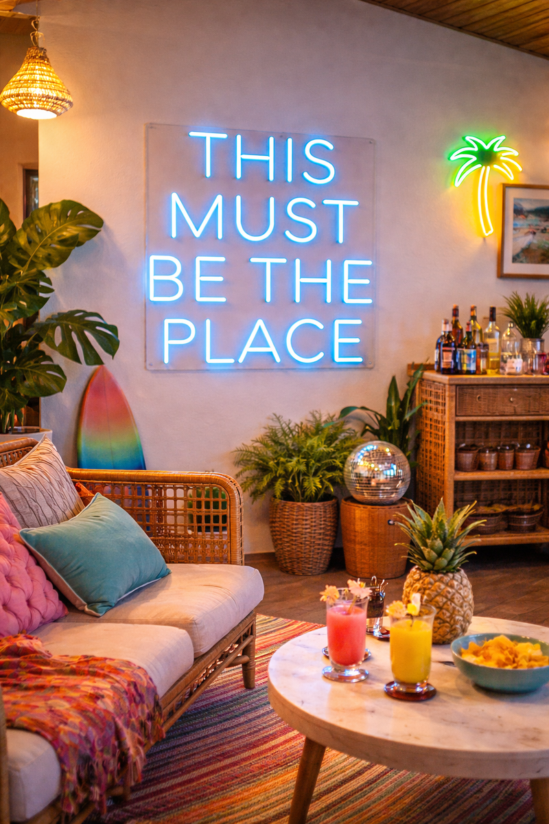 Neon sign 'THIS MUST BE THE PLACE' in a cozy living room with plants and drinks.