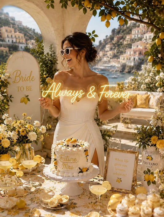 Bride holding a neon sign that says 'always & forever' at a lemon themed bridal shower in Italy